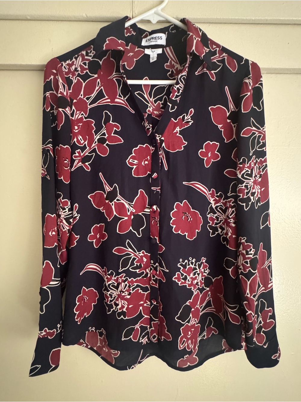 Express navy Blouse with Burgundy and Cream Floral Print
